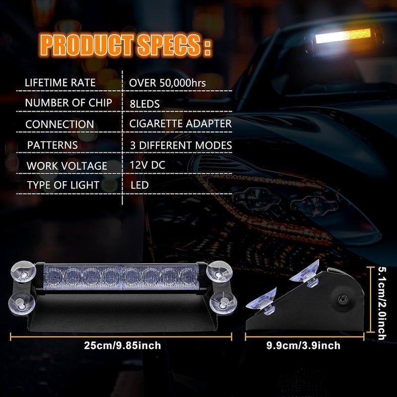 NWpangu LED Emergency Strobe Light for Windshield, 12V Flash Warning Light w/Suction Cups for Construction Vehicles Trucks Traffic Safety Police, Amber&White. - Image 5